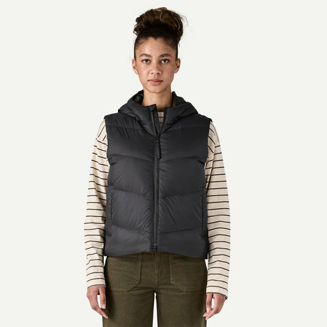 Front on-model view of women's black Patagonia Sindit down vest