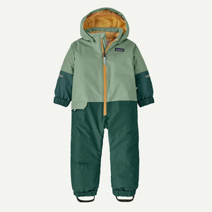 Green Patagonia baby snow pile one-piece suit