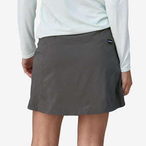 Back on-model view of women's Patagonia Tech Skort in forage grey