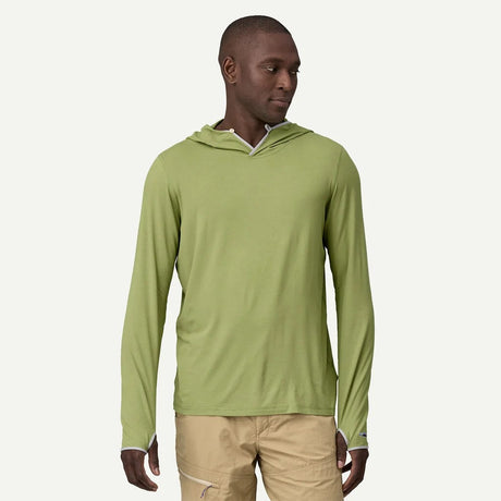 Front on-model view of men's patagonia Tropic Comfort Sun Hoody in buckhorn green colour