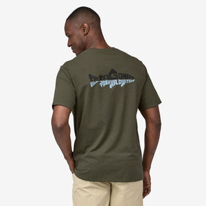 Back of men's patagonia waterline pocket t-shirt in basin green
