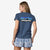 Back of model wearing women's patagonia P-6 logo t-shirt in utility blue