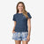 Front of model wearing women's patagonia P-6 logo t-shirt in utility blue