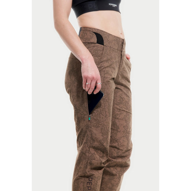 Side on-model view of women's brown Peppermint Cycling pants