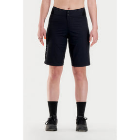 Front on-model view of women's black Peppermint Cycling mountain bike shorts