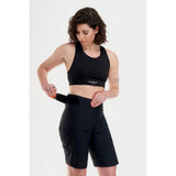 Side on-model view of women's black Peppermint Cycling mountain bike shorts
