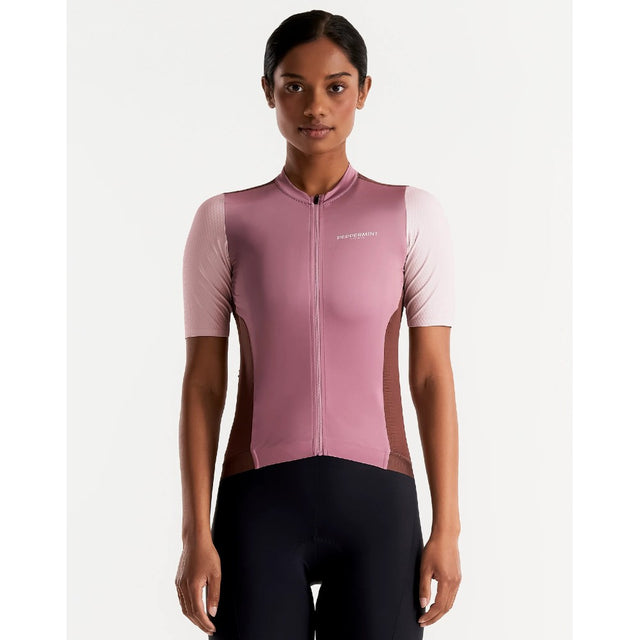 Front view of women's Peppermint Cycling Co. Signature Jersey in blush colour