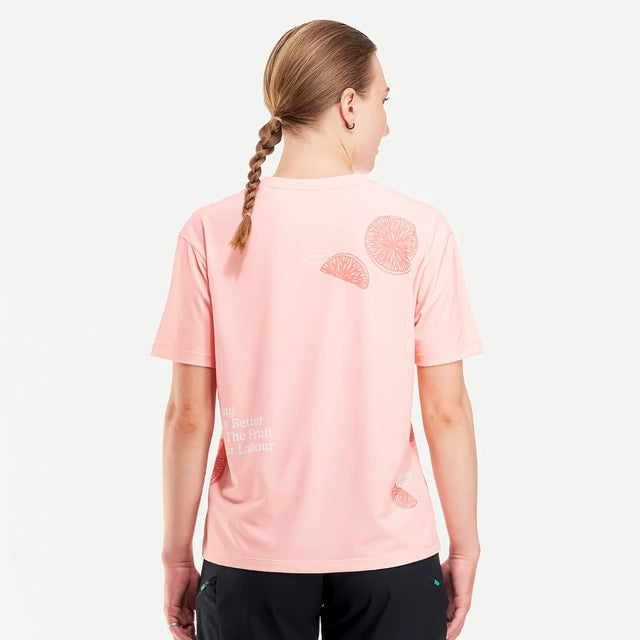 Back on-model view of women's grapefruit Peppermint Cycling t-shirt