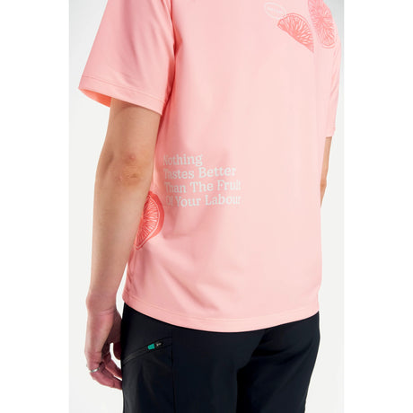 Side print detail view of women's grapefruit Peppermint Cycling t-shirt