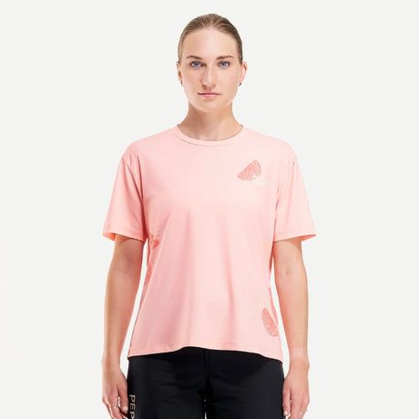 Front on-model view of women's grapefruit Peppermint Cycling t-shirt