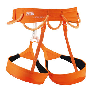 Back view of orange Petzl Hirundos climbing harness