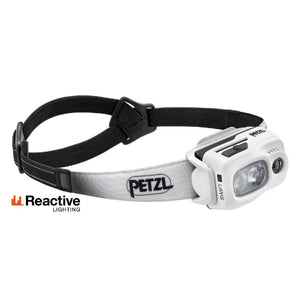 Front view of white Petzl Swift RL Headlamp