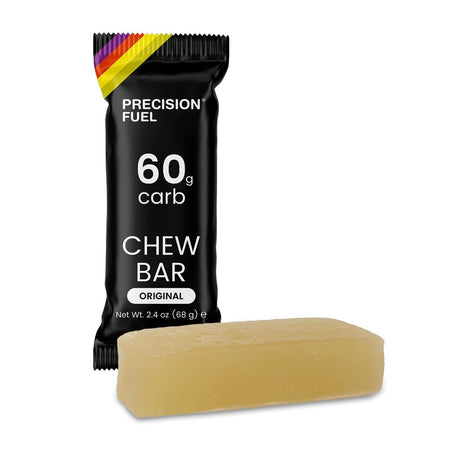 Precision Fuel 60g carb chew bar packaging with a yellow chew bar on a white background
