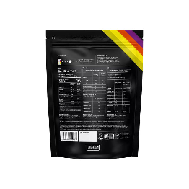 Back view of package of Precision Fuel carb and electrolyte drink mix