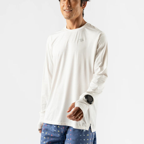 Front on-model view of rabbit UPF Tee Long Sleeve Men's in Snow white colour