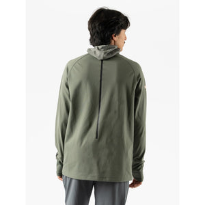 Back on-model view of men's green Rabbit running cocoon 2.0 long sleeve hoody
