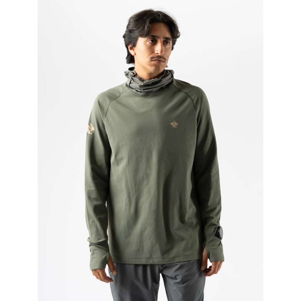 Front on-model view of men's green Rabbit running cocoon 2.0 long sleeve hoody