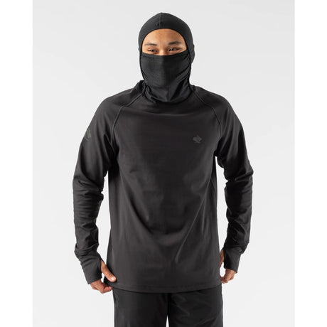 Front on-model mask detail view of men's black Rabbit running cocoon 2.0 long sleeve hoody