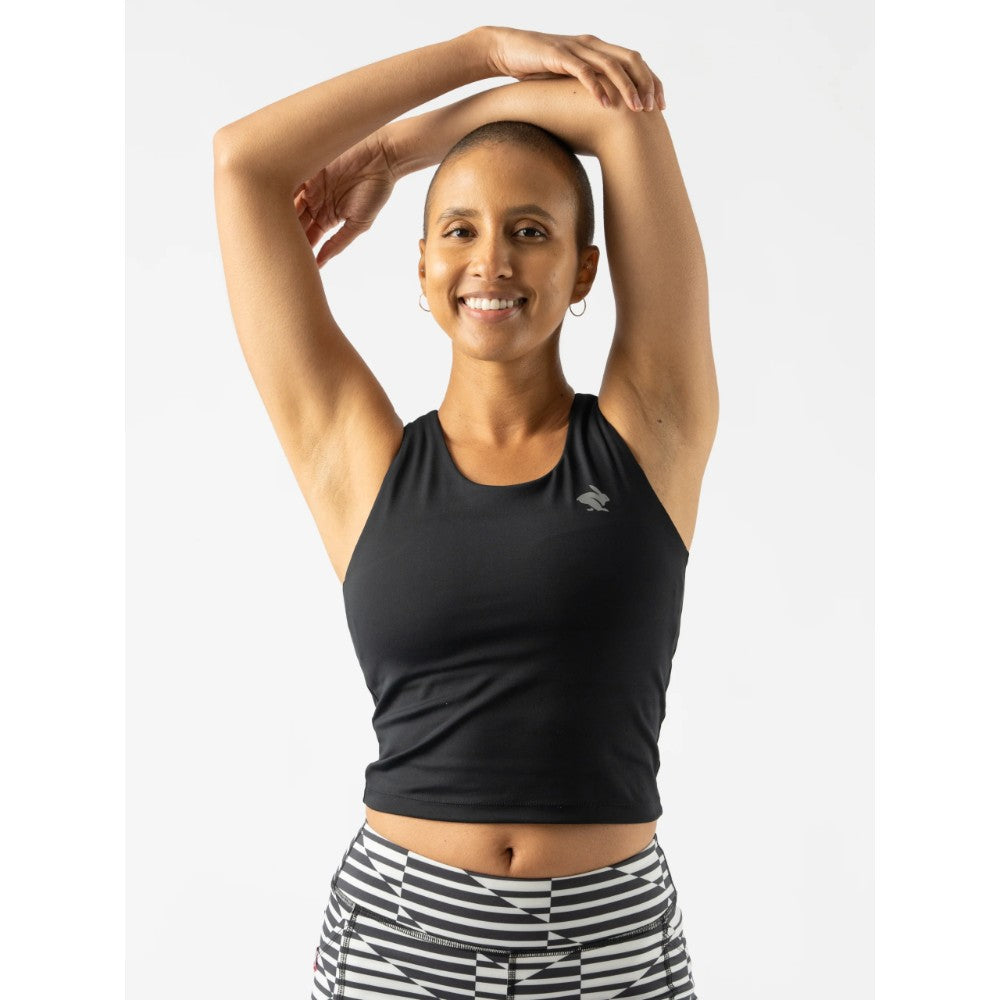 Front view of women's black rabbit running crusher pocket crop