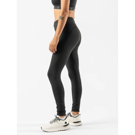 Side on-model view of women's black Rabbit Running Defroster tights