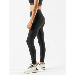 Side on-model view of women's black Rabbit Running Defroster tights