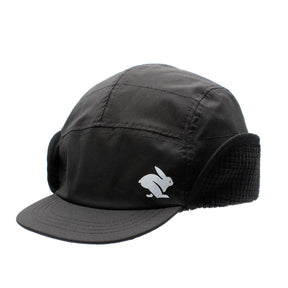 Front view of black Rabbit running Defroster Trapper Hat