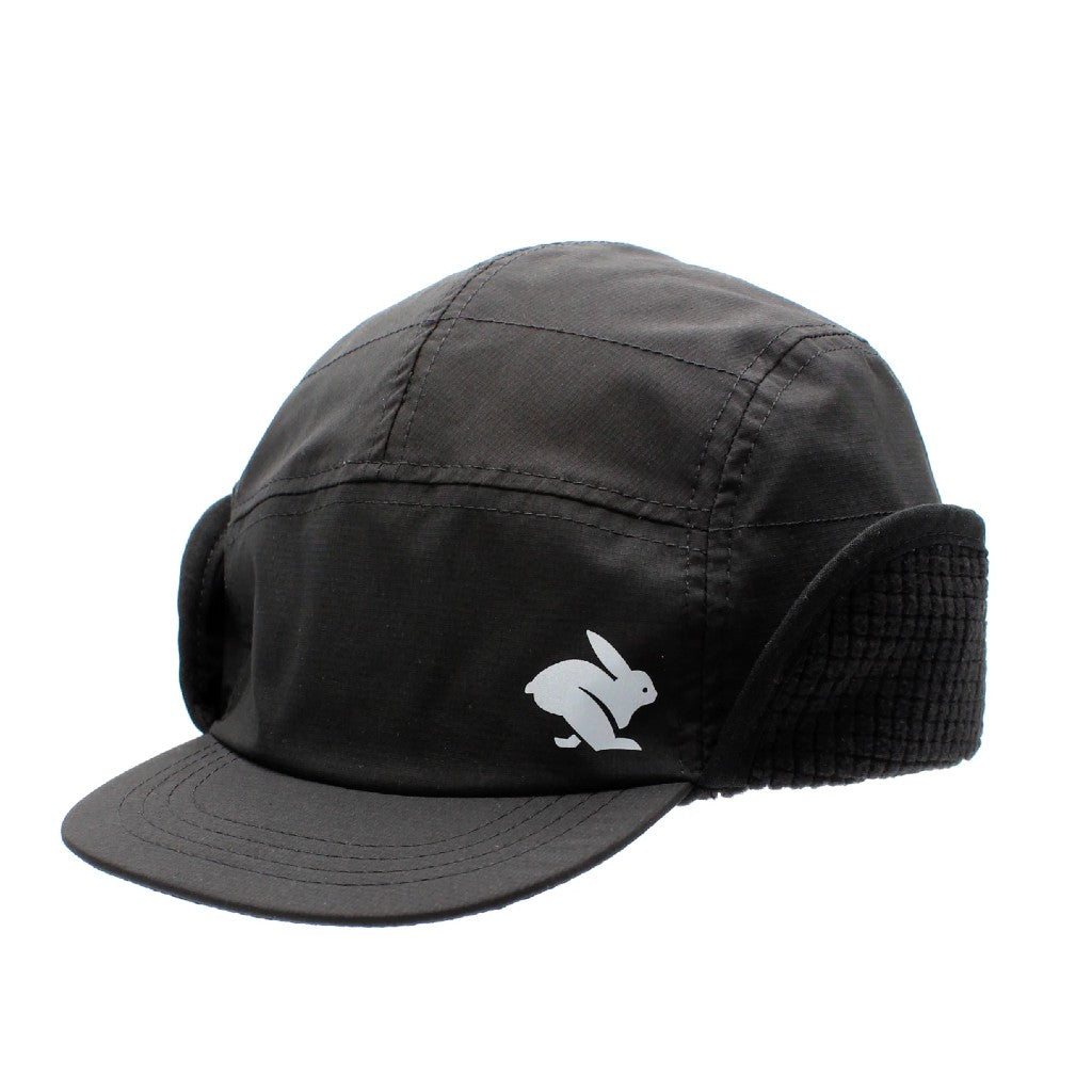 Front view of black Rabbit running Defroster Trapper Hat