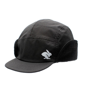 Front view of black Rabbit running Defroster Trapper Hat