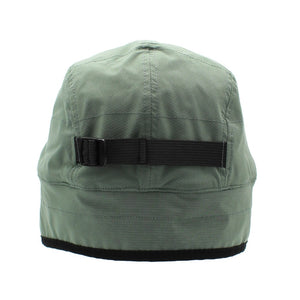 Back view of green Rabbit running Defroster Trapper Hat with ear flaps down