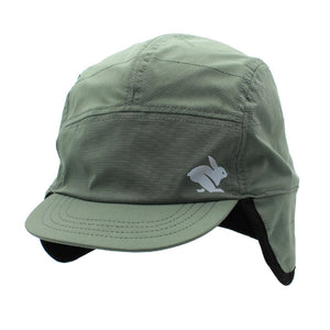 Front view of green Rabbit running Defroster Trapper Hat with ear flaps down