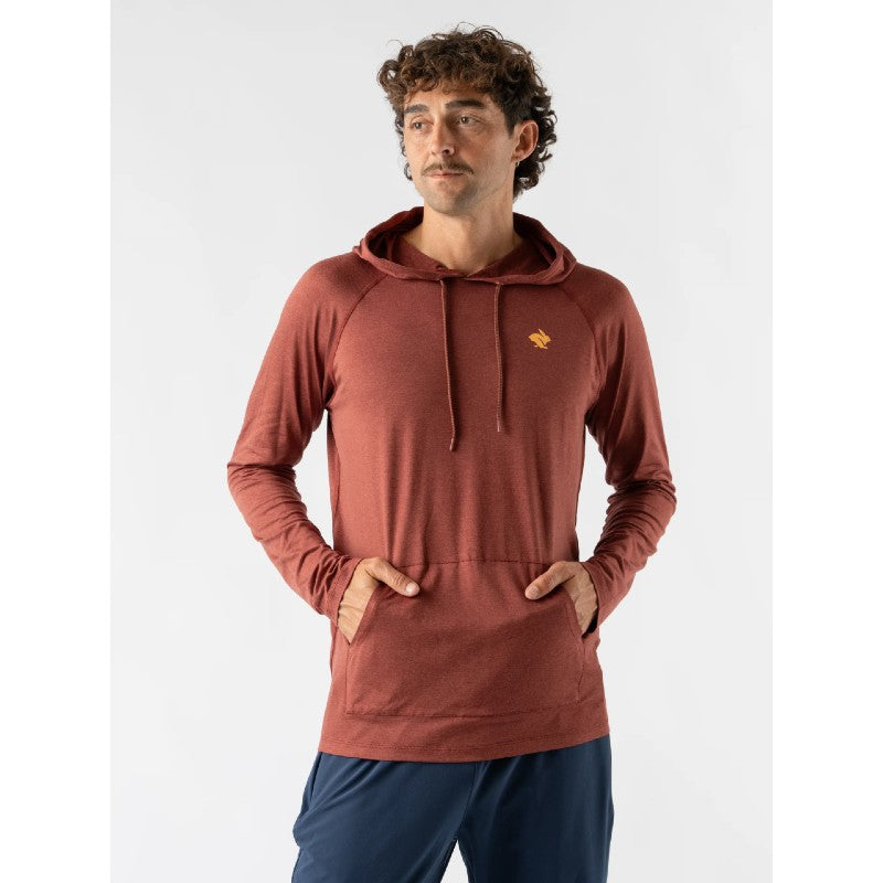 Front view of men's rabbit running EZ Pullover in copper brown