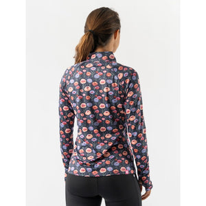 Back view of rabbit running EZ Zip 2.0 long sleeve shirt in 'eclipse poppy' pattern