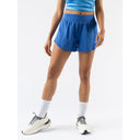 Front view of women's blue rabbit running float n fly shorts