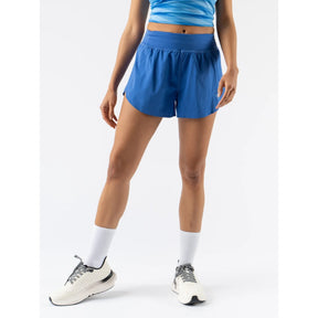 Front view of women's blue rabbit running float n fly shorts