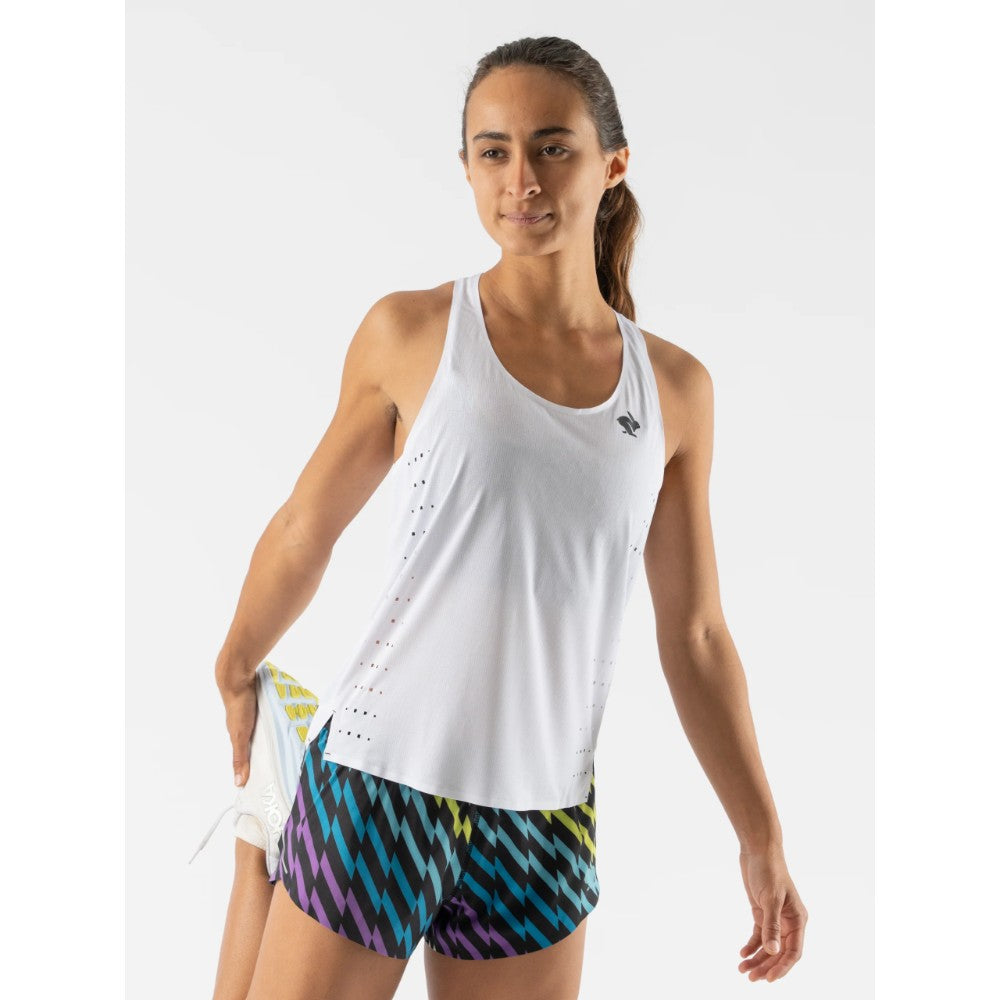 Front view of women's white rabbit running go time tank