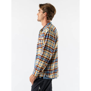 Side on-model view of men's Rabbit High Country Flannel Lined plaid shirt