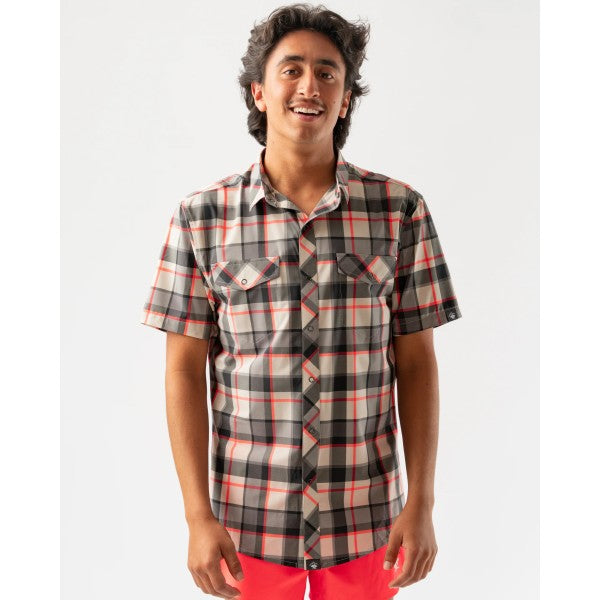 Front view of men's rabbit high country shirt in December Sky Plaid