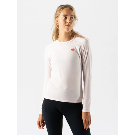 Front on-model view of women's pink rabbit layer one thermal long sleeve