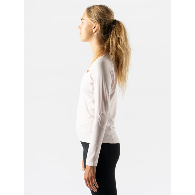 Side on-model view of women's pink rabbit layer one thermal long sleeve