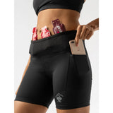 Pocket detail of women's black Rabbit Running leggy smashems shorts