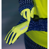 On-model view of yellow Rabbit Low Light Tech gloves