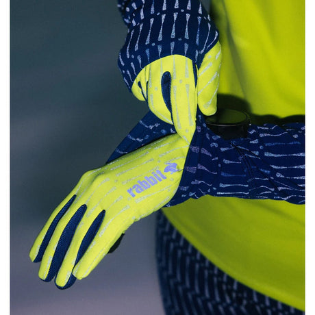 On-model view of yellow Rabbit Low Light Tech gloves