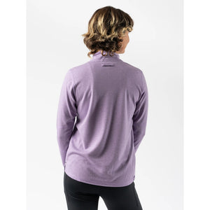 Back view of women's rabbit Outrun Mock Neck long sleeve in Rhapsody (purple) colour