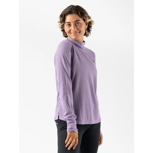 Front view of women's rabbit Outrun Mock Neck long sleeve in Rhapsody (purple) colour