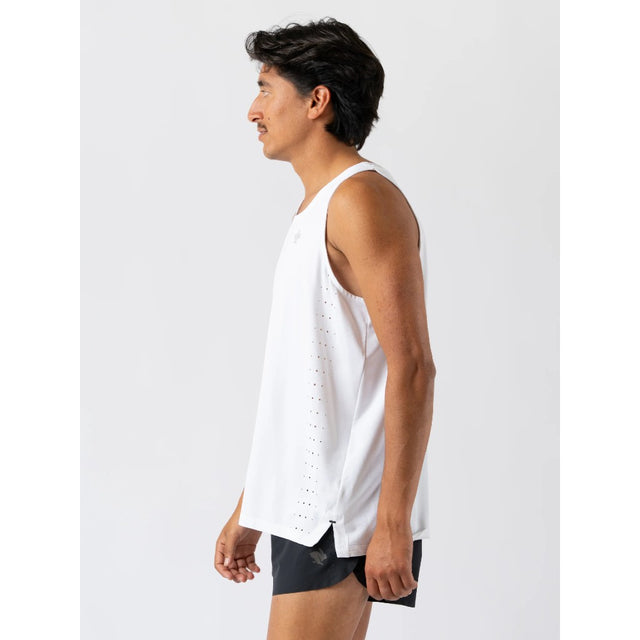 Side on-model view of men's white rabbit running race pace tank
