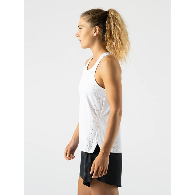 Side on-model view of women's white rabbit running race pace tank