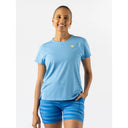 Front view of women's azure blue Rabbit Running race pace t-shirt