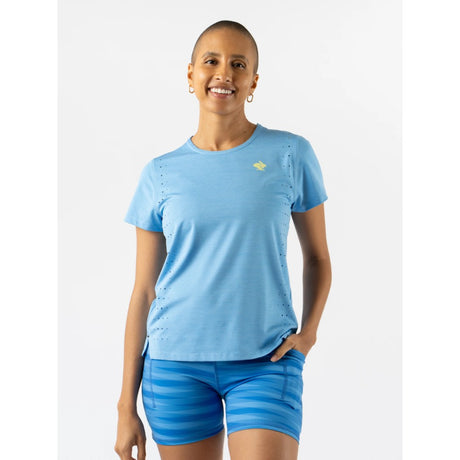 Front view of women's azure blue Rabbit Running race pace t-shirt