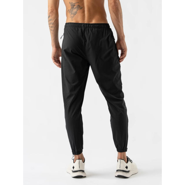 Back on-model view of men's black rabbit runners joggers