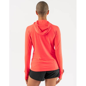 Back view of women's rabbit UPF Deflector 2.0 pullover in fiery coral